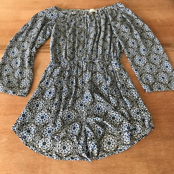 Ava Sky Romper Dress Women S Blue Geometric Tie Waist Pocket Long Sleeve Stretch - Picture 1 of 13